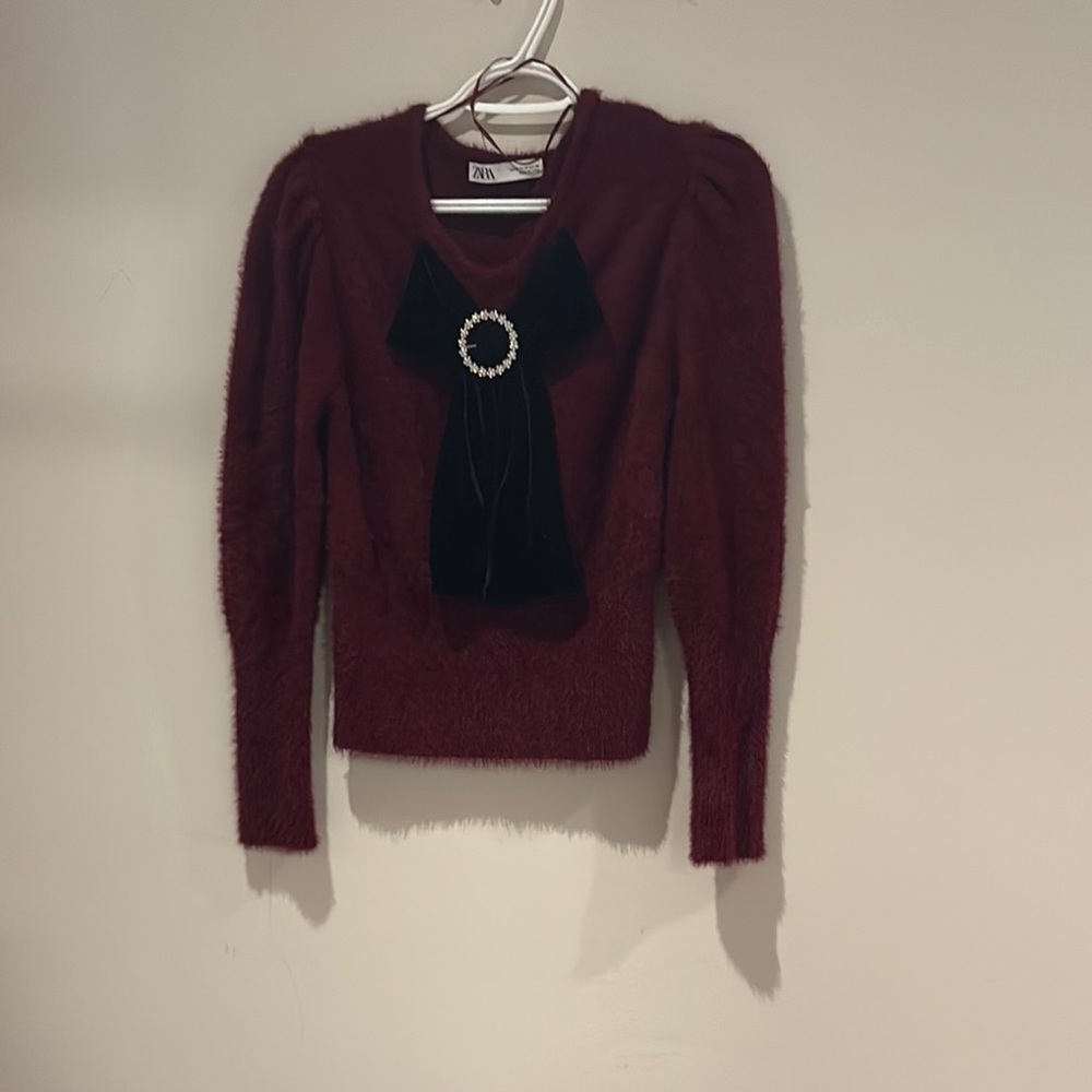 Zara Deep Red V-Neck Sweater with Black Bow